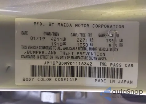 2019 Mazda Mazda3 Preferred Package from USA, damaged, VIN JM1BPBDM9K1116842